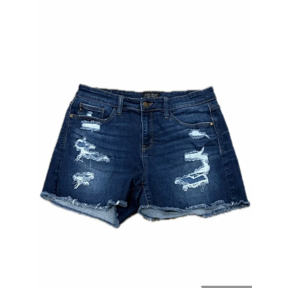 Judy Blue Denim Cut Off Shorts Size L Distressed Raw Hem Style JB15002DK Stretch